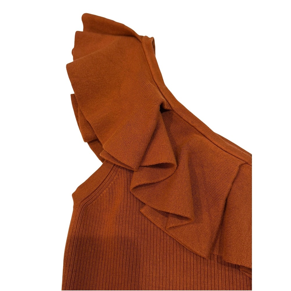 Express One Shoulder Ruffle Ribbed Knit Crop Top Rust Brown Size Large NEW - Picture 4 of 6